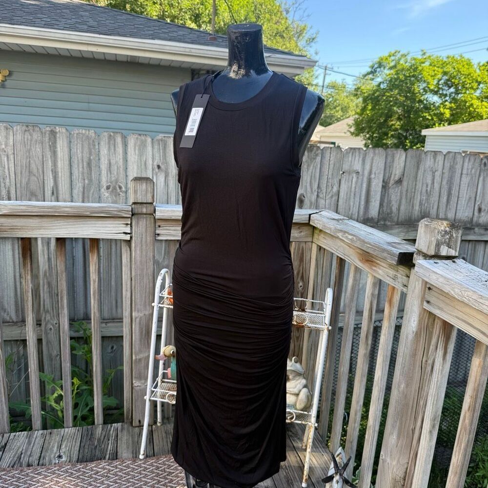 NWT Halston Heritage Ruched Jersey Midi Dress Black Sleeveless Size Medium